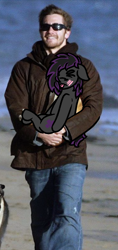 Size: 470x1000 | Tagged: safe, artist:lazerblues, edit, imported from derpibooru, oc, oc:deep rest, dog, earth pony, human, pony, beach, blushing, carrying, clothes, cute, embarrassed, eyes closed, floppy ears, grin, holding a pony, irl, irl human, jacket, jeans, male, ocbetes, pants, photo, smiling, stallion, sunglasses