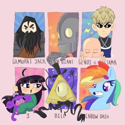 Size: 1080x1080 | Tagged: safe, artist:andreangeljllo, imported from derpibooru, rainbow dash, human, pegasus, pony, six fanarts, bald, beard, bill cipher, bust, crossover, eyelashes, facial hair, female, gravity falls, grin, male, mare, one punch man, samurai jack, smiling, the iron giant