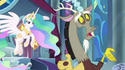 Size: 1920x1080 | Tagged: safe, imported from derpibooru, screencap, discord, princess celestia, alicorn, draconequus, pony, the ending of the end, throne, throne room