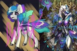 Size: 3000x2000 | Tagged: safe, artist:inkynotebook, imported from derpibooru, oc, anthro, changeling, anthro with ponies, changeling oc, colored hooves, duo, saryn, warframe