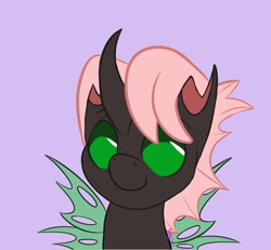 Size: 1300x1200 | Tagged: safe, artist:inkynotebook, imported from derpibooru, part of a set, oc, oc only, changeling queen, pony, bust, changeling queen oc, commission, green changeling, purple background, simple background, smiling, solo, wings, ych result