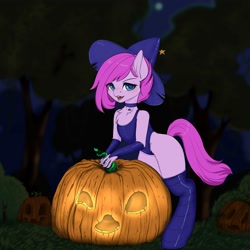 Size: 3000x3000 | Tagged: safe, artist:evlass, imported from derpibooru, oc, oc only, anthro, clothes, commission, costume, cute, halloween, halloween costume, hat, pumpkin, smiley face, smiling, solo, witch hat, ych sketch, your character here