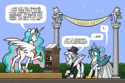 Size: 1500x1000 | Tagged: safe, artist:toonbat, imported from derpibooru, gallus, princess celestia, silverstream, alicorn, griffon, hippogriff, pony, alcohol, banner, clothes, crossdressing, dress, dubious consent, female, gallstream, hat, jewelry, male, marriage, necklace, pearl necklace, pillar, podium, shipping, statue, straight, sweat, sweatdrop, tiara, top hat, trio, tuxedo, veil, wedding, wedding dress, wine, yandere