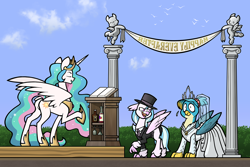 Size: 1500x1000 | Tagged: safe, alternate version, artist:toonbat, imported from derpibooru, gallus, princess celestia, silverstream, alicorn, griffon, hippogriff, pony, alcohol, banner, clothes, crossdressing, dress, female, gallstream, hat, interspecies, jewelry, male, marriage, shipping, straight, sweat, sweatdrop, textless version, tiara, top hat, trio, tuxedo, wedding, wedding dress, wedding veil, wine