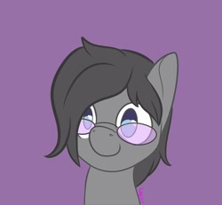 Size: 1300x1200 | Tagged: safe, artist:inkynotebook, imported from derpibooru, part of a set, oc, oc only, oc:grey scale, earth pony, pony, bust, commission, earth pony oc, glasses, purple background, simple background, smiling, solo, ych result