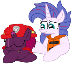 Size: 1098x978 | Tagged: safe, artist:徐詩珮, imported from derpibooru, fizzlepop berrytwist, tempest shadow, oc, oc:aurora (tempest's mother), series:sprglitemplight diary, series:sprglitemplight life jacket days, series:springshadowdrops diary, series:springshadowdrops life jacket days, alternate universe, clothes, eyes closed, female, lifejacket, marshall (paw patrol), mother and child, mother and daughter, nap, paw patrol, simple background, sleeping, transparent background