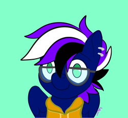 Size: 1300x1200 | Tagged: safe, artist:inkynotebook, imported from derpibooru, part of a set, oc, oc only, pegasus, pony, blue background, bust, clothes, commission, ear piercing, earring, glasses, hoodie, jewelry, pegasus oc, piercing, signature, simple background, smiling, solo, wings, ych result