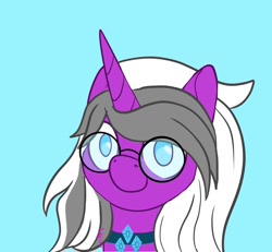 Size: 1300x1200 | Tagged: safe, artist:inkynotebook, imported from derpibooru, part of a set, oc, oc only, pony, unicorn, blue background, bust, choker, commission, glasses, horn, signature, simple background, smiling, solo, unicorn oc, ych result