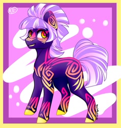 Size: 1280x1351 | Tagged: safe, artist:inkynotebook, imported from derpibooru, oc, oc only, earth pony, pony, abstract background, earth pony oc, hoof polish, only, signature, smiling, solo, tattoo