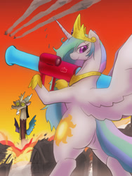 Size: 600x800 | Tagged: safe, artist:kushina13, imported from derpibooru, discord, princess celestia, alicorn, pony, bipedal, butt, crown, explosion, eyestrain warning, featured image, featureless crotch, female, fire, jewelry, looking at you, looking back, mare, missile, plot, pog, praise the sun, regalia, rocket launcher, sunbutt