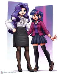 Size: 1806x2250 | Tagged: safe, artist:king-kakapo, imported from derpibooru, rarity, twilight sparkle, human, clothes, duo, female, humanized, open mouth, shoes, skirt, stockings, thigh highs