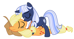 Size: 10844x5725 | Tagged: safe, artist:estories, imported from derpibooru, applejack, oc, oc:silverlay, original species, applejack's hat, canon x oc, cowboy hat, duo, eyes closed, female, hat, kiss on the lips, kissing, lesbian, lying down, mare, on back, shipping, silverjack, simple background, transparent background, umbra pony, vector