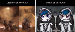 Size: 1280x555 | Tagged: safe, artist:plotcore, deleted from derpibooru, zecora, oc, oc:nasapone, oc:spacexpone, pony, zebra, astronaut, black lives matter, comparison, fire, politics, riot, spacesuit