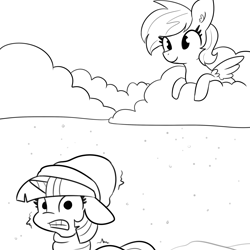 Size: 3000x3000 | Tagged: safe, artist:tjpones, imported from derpibooru, rainbow dash, twilight sparkle, alicorn, pegasus, pony, black and white, clothes, cloud, cold, floppy ears, grayscale, hat, lineart, monochrome, on a cloud, rainbow douche, scarf, shivering, simple background, sitting, sitting on a cloud, snow, snowfall, twilight sparkle (alicorn), white background