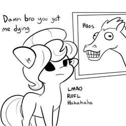 Size: 3000x3000 | Tagged: safe, artist:tjpones, imported from derpibooru, oc, oc only, oc:brownie bun, earth pony, pony, black and white, brownie bun is not amused, female, grayscale, hoers, lineart, mare, monochrome, sarcasm, simple background, solo, unamused, white background