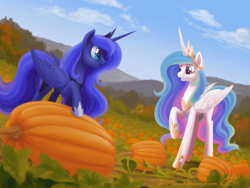 Size: 1500x1125 | Tagged: safe, artist:joellethenose, imported from derpibooru, princess celestia, princess luna, alicorn, pony, autumn, cloud, duo, female, grin, jewelry, mare, mountain, nervous, nervous grin, open mouth, open smile, outdoors, pumpkin, pumpkin patch, raised hoof, regalia, signature, sky, smiling, standing, wip