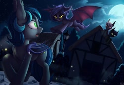 Size: 1024x699 | Tagged: safe, artist:lightly-san, imported from derpibooru, oc, oc only, oc:sable (fine print), oc:spark gap, bat pony, pony, fanfic:fine print, bat pony oc, bat wings, cloud, full moon, house, leaping, moon, night, ponyville, squint, streetlight, wings