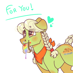 Size: 768x768 | Tagged: safe, artist:valkiria, derpibooru exclusive, imported from derpibooru, granny smith, earth pony, pony, adorasmith, apple, bread, cute, female, food, for you, heart, jam, mare, simple background, white background, young granny smith, younger, zap apple, zap apple jam