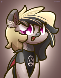 Size: 2560x3250 | Tagged: safe, artist:php142, artist:purpleflix, imported from derpibooru, oc, oc only, bat pony, pony, clothes, commission, cute, cute little fangs, ear piercing, earring, fangs, female, gradient background, jewelry, looking at you, mare, piercing, solo