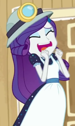 Size: 374x624 | Tagged: safe, imported from derpibooru, screencap, rarity, equestria girls, equestria girls series, opening night, cropped, female, helmet, marshmelodrama, mining helmet, rarity being rarity, selfie soot, solo