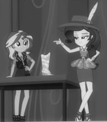 Size: 474x544 | Tagged: safe, imported from derpibooru, screencap, rarity, sunset shimmer, equestria girls, equestria girls series, rarity investigates: the case of the bedazzled boot, black and white, female, geode of empathy, geode of shielding, grayscale, magical geodes, monochrome, rarity peplum dress