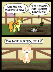 Size: 600x810 | Tagged: safe, artist:ewxep, artist:zicygomar, imported from derpibooru, carrot top, derpy hooves, golden harvest, cat, earth pony, pegasus, pony, alternate storyline, background pony, carrot top is not amused, comic, digging, duo, female, hat, hole, mare, pun, shovel, treasure (palace pets), unamused