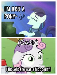 Size: 2522x3326 | Tagged: safe, edit, edited screencap, imported from derpibooru, screencap, coloratura, sweetie belle, ponyville confidential, the mane attraction, image macro, meme, sarcasm, sudden clarity sweetie belle, sweetiedumb