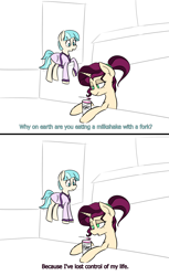 Size: 2412x3940 | Tagged: safe, artist:pinkberry, imported from derpibooru, coco pommel, oc, oc:mulberry merlot, earth pony, pony, unicorn, bathrobe, clothes, duo, fork, freckles, heart, i've lost control of my life, lost control of my life, meme interpretation, milkshake, robe, tattoo