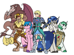 Size: 1245x930 | Tagged: safe, artist:lionpatriot, imported from derpibooru, clover the clever, firefly, megan williams, scorpan, star swirl the bearded, diamond dog, gargoyle, human, kaiju, pegasus, pony, unicorn, fanfic:the bridge, armor, crossover, fanfic art, godzilla (series), group shot, king caesar, older, shisa, simple background, transparent background