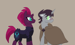 Size: 1000x600 | Tagged: safe, artist:idoodlewhatiwant, artist:sallindaemon, imported from derpibooru, shadow lock, tempest shadow, pony, unicorn, broken horn, cloak, clothes, duo, female, horn, male, mare, scar, stallion, tempestlock