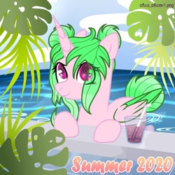 Size: 1080x1080 | Tagged: safe, artist:lacey.wonder, imported from derpibooru, oc, oc only, alicorn, pony, 2020, alicorn oc, cup, drink, horn, outdoors, smiling, solo, starry eyes, summer, swimming pool, two toned wings, wingding eyes, wings