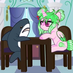 Size: 1080x1080 | Tagged: safe, artist:lacey.wonder, imported from derpibooru, oc, oc only, alicorn, pony, shark, alicorn oc, blåhaj, chair, colored hooves, heart, horn, indoors, plushie, shark plushie, sitting, solo, starry eyes, two toned wings, wingding eyes, wings