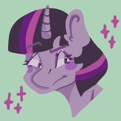 Size: 768x768 | Tagged: safe, alternate version, artist:dellieses, imported from derpibooru, twilight sparkle, pony, unicorn, blue background, blush sticker, blushing, bust, female, mare, simple background, solo, unicorn twilight