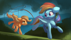 Size: 4038x2271 | Tagged: safe, artist:auroriia, imported from derpibooru, applejack, rainbow dash, pony, fall weather friends, lasso, mouth hold, palindrome get, rope, running of the leaves, scene interpretation, slim, thin