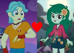 Size: 1238x882 | Tagged: safe, edit, edited screencap, imported from derpibooru, screencap, brawly beats, wallflower blush, equestria girls, equestria girls (movie), equestria girls series, let it rain, spoiler:eqg series (season 2), brawlyblush, clothes, crack shipping, cropped, cute, female, flower, flower in hair, flowerbetes, freckles, heart, looking at you, male, music festival outfit, shipping, shipping domino, shorts, smiling, straight