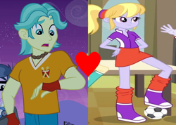 Size: 1238x882 | Tagged: safe, edit, edited screencap, imported from derpibooru, screencap, brawly beats, cloudy kicks, equestria girls, equestria girls (movie), brawlykicks, cropped, female, football, heart, male, shipping, shipping domino, soccer ball (object), straight