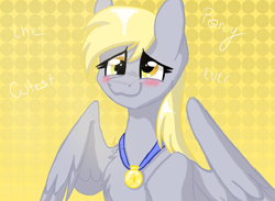 Size: 3000x2200 | Tagged: safe, artist:karathepony, imported from derpibooru, derpy hooves, pegasus, pony, abstract background, blushing, bust, female, mare, medal, portrait, smiling, solo, spread wings, three quarter view, wings