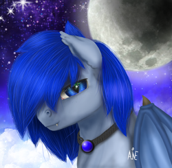 Size: 960x941 | Tagged: safe, artist:aline, imported from derpibooru, oc, oc only, oc:stelkhavolk, bat pony, pony, cute, fangs, jewelry, lidded eyes, looking at you, male, moon, necklace, space, stallion, stars