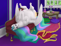 Size: 1200x900 | Tagged: safe, artist:soobel, imported from derpibooru, discord, princess celestia, alicorn, draconequus, cake, cakelestia, chubbylestia, eye reflection, fat, female, food, huge belly, looking at you, majestic as fuck, male, mare, not salmon, obese, on back, open mouth, reflection, thick, wat