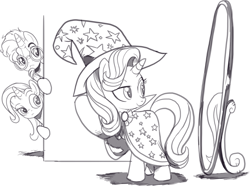 Size: 1476x1099 | Tagged: safe, artist:nauyaco, imported from derpibooru, starlight glimmer, sunburst, trixie, pony, unicorn, accessory theft, cape, clothes, clothes swap, clothing theft, grayscale, hat, mirror, monochrome, robe, starlight wearing sunburst's robe, starlight wearing trixie's hat, sunburst's cloak, sunburst's robe, trixie's hat