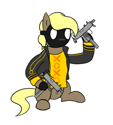 Size: 1722x1911 | Tagged: safe, artist:luxqsd, derpibooru exclusive, imported from derpibooru, oc, oc only, oc:perseus, earth pony, pony, clothes, dual wield, gun, male, mask, my friend pedro, shirt, simple background, solo, stallion, uzi, weapon, white background