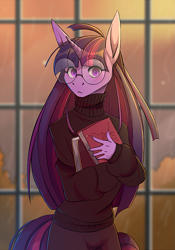 Size: 1721x2464 | Tagged: safe, artist:1an1, imported from derpibooru, twilight sparkle, anthro, unicorn, adorasexy, adorkable, adorkasexy, blushing, book, clothes, cute, dork, eye clipping through hair, eyebrows, eyebrows visible through hair, eyelashes, female, glasses, looking at you, meganekko, nerd, round glasses, sexy, solo, sparkly eyes, sweater, turtleneck, twiabetes, wingding eyes