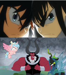 Size: 1920x2160 | Tagged: safe, edit, edited screencap, imported from derpibooru, screencap, cozy glow, lord tirek, queen chrysalis, alicorn, centaur, changeling, changeling queen, human, pony, season 9, the ending of the end, alicornified, anime, comparison, cozycorn, crossover, female, kill la kill, male, race swap, ryuko matoi, satsuki kiryuin, studio trigger