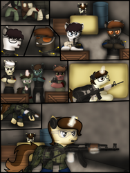 Size: 1750x2333 | Tagged: safe, artist:99999999000, imported from derpibooru, oc, oc:cwe, oc:mar baolin, earth pony, pony, unicorn, comic:airsoft, airsoft, ak-47, ar-15, ar15, assault rifle, comic, female, glasses, gun, headset, m16, m4, male, rifle, scar-l, submachinegun, weapon