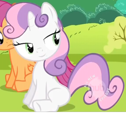 Size: 448x402 | Tagged: safe, edit, edited screencap, imported from derpibooru, screencap, scootaloo, sweetie belle, lesson zero, cute, cutealoo, diasweetes, hub logo, lidded eyes, looking back, smiling