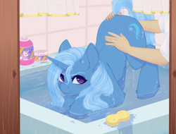 Size: 2571x1950 | Tagged: source needed, useless source url, safe, artist:evlass, imported from derpibooru, trixie, human, pony, unicorn, fanfic:первопроходец, bathing, face down ass up, faceless male, fanfic art, female, looking at you, male, mare, offscreen character, water