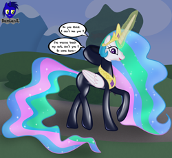 Size: 4154x3840 | Tagged: safe, artist:damlanil, imported from derpibooru, princess celestia, alicorn, pony, bodysuit, breaking the fourth wall, bush, catsuit, clothes, cloud, crown, ethereal mane, female, fourth wall, glowing horn, hoof shoes, horn, jewelry, latex, latex suit, looking at you, magic, mare, mountain, necklace, regalia, rubber, shiny, shoes, show accurate, solo, suit, tree, vector, wings