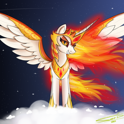 Size: 4000x4000 | Tagged: safe, artist:ser-p, imported from derpibooru, daybreaker, alicorn, pony, absurd resolution, cloud, female, grin, mare, on a cloud, signature, smiling, solo, spread wings, standing on a cloud, wings