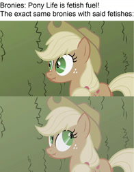 Size: 1281x1638 | Tagged: safe, edit, edited screencap, imported from derpibooru, screencap, applejack, pony, my little pony: pony life, the return of harmony, brony stereotype, discorded applejack, g4.5, implied fetish, irony, liarjack, looking back, meme, pony life drama drama