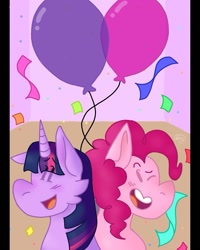 Size: 733x917 | Tagged: safe, alternate version, artist:van_goghing_to_draw, imported from derpibooru, pinkie pie, twilight sparkle, earth pony, pony, unicorn, :d, balloon, confetti, duo, female, mare, one eye closed, smiling, unicorn twilight, wink